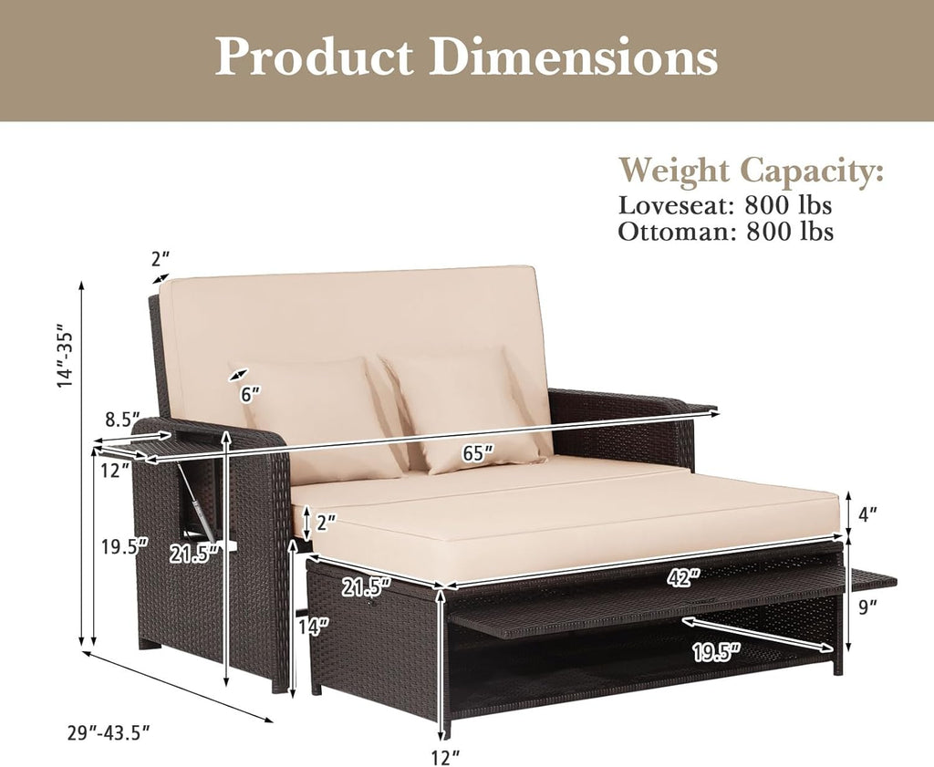 S AFSTAR Outdoor Daybed with Storage Ottoman, Wicker Chaise Lounge Chair with Cushions, Adjustable Backrest & 2 Retractable Trays, Patio Rattan Daybed Loveseat Sofa for Poolside Backyard