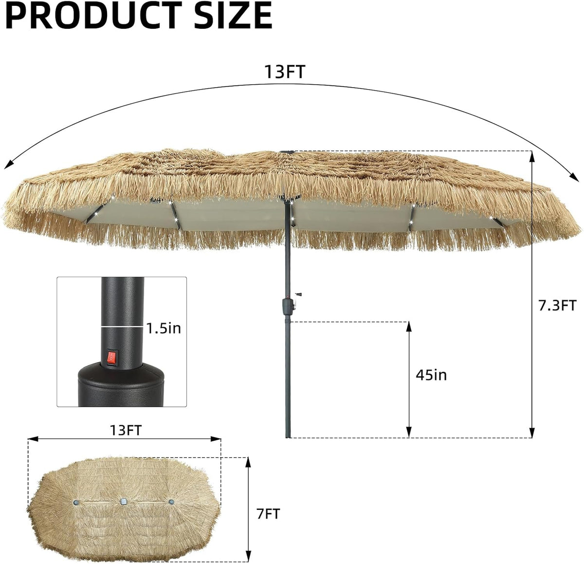 GDY 13/15 FT Tiki Outdoor Umbrella Patio Table Umbrella(Optional with Light or Base), Market Umbrella, with Crank for Garden, Lawn, Deck, Backyard & Pool