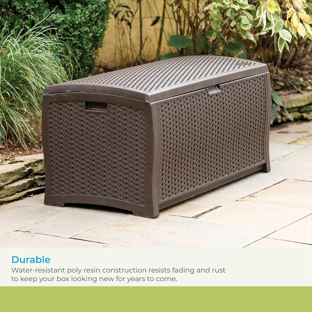 Suncast DBW9200 99 Gallon Outdoor Wicker resin Patio Storage Chest Bin with Handles for Patio, Garden, Garage, or Pool for All Weather, Mocha
