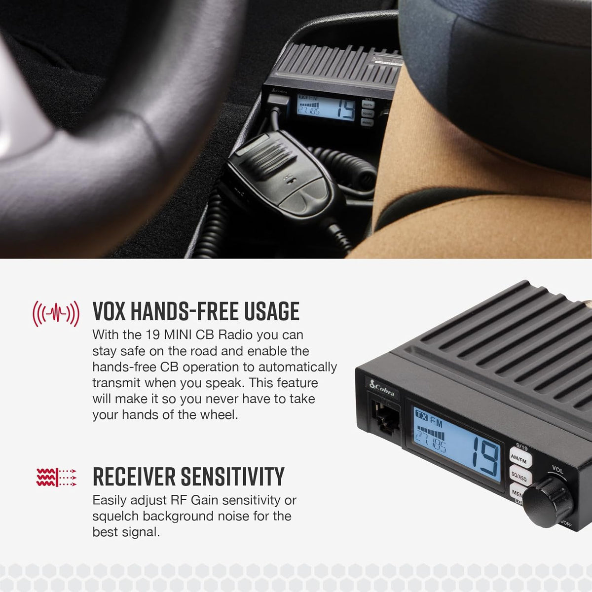 Cobra 19 MINI CB Radio & Cobra HGA1500 42 Inch Magnetic Mount CB Antenna: Dual-Mode AM/FM, 440 Channels, VOX, Auto Squelch, Auto Power, 4-Watt Output, Long-Range Antenna for Clear Signal, Black