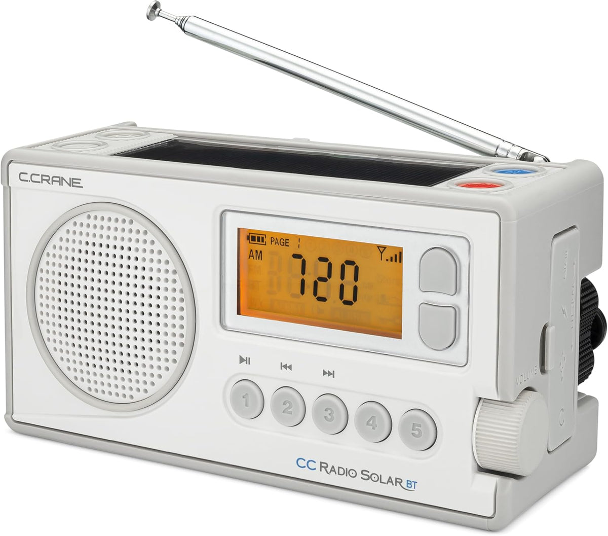 C. Crane CCRadio Solar with Bluetooth Receiving, Emergency Crank NOAA Weather AM/FM– Multi Powered Radio - Built in LED Flashlight and Cellphone Charger
