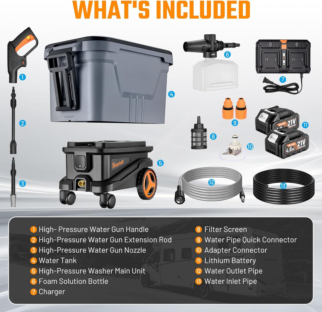 This Hill Cordless Pressure Washer with Water Tank, 2000 PSI Portable Power Washer, Brushless Motor, Dual 21V 4.0Ah Batteries, 3 Pressure Modes, Foam Cannon for Cars, Patio & Camping