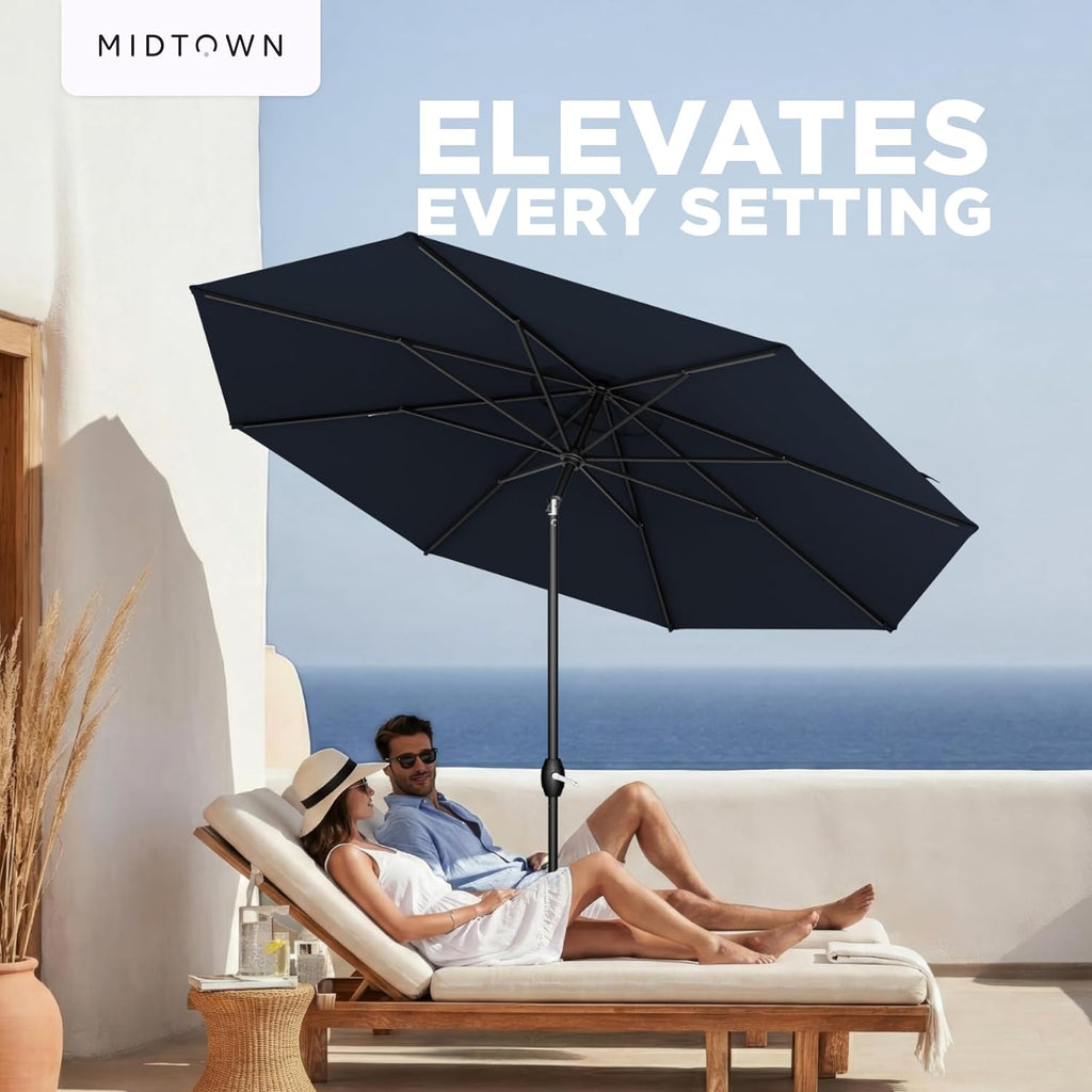 Midtown Umbrellas – The Lean 9 Ft Patio Umbrella with 10-Year-No-Fade Acrylast Acrylic Fabric, Auto-Tilt and 8 Reinforced Ribs for Deck, Pool, Garden, Hotel & Cafes – Harbor Navy Canopy, Black Pole