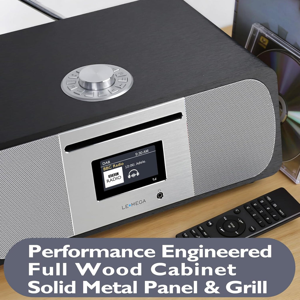 LEMEGA M6P CD Player with FM Radio, Bluetooth Streaming, 150W Stereo HiFi System with Internal Subwoofer, 2.8" Colour Display, Presets, Remote, Acoustic Wooden Cabinet (Black Oak)
