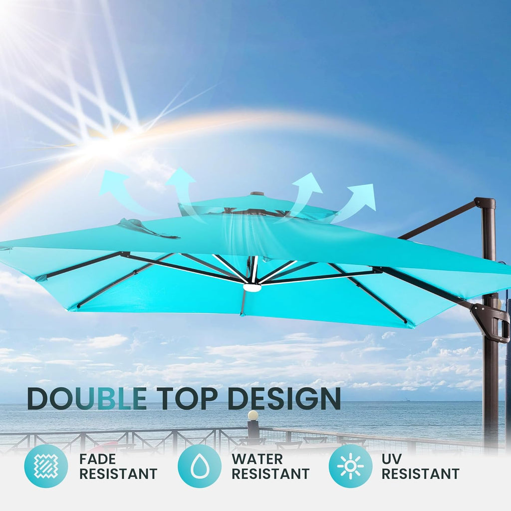 10 X 13 FT Cantilever Patio Umbrella with LED Lights Outdoor Heavy Duty Double Top Windproof Rectangle Offset Umbrellas with 360-degree Rotation for Pool Deck Backyard, Turquoise