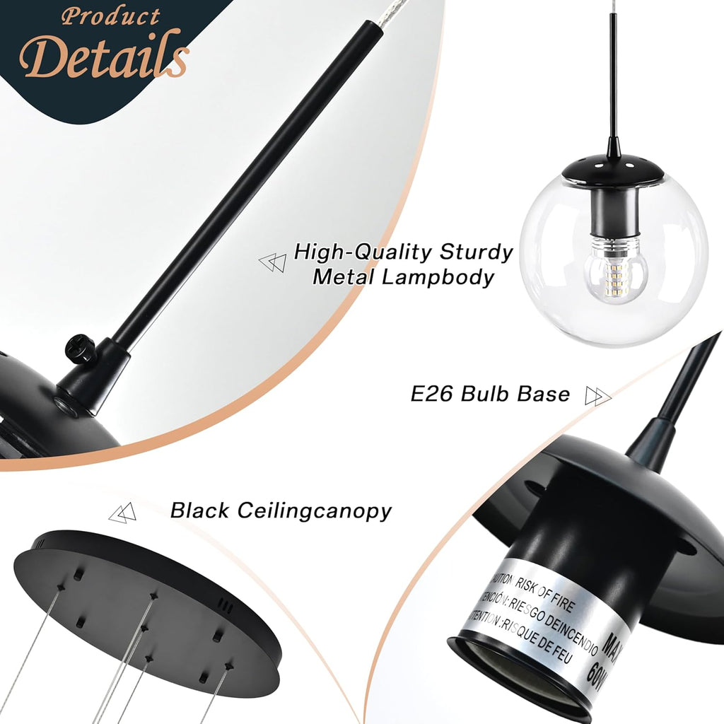 KoKo&Yukina 5-Light Black Clear Globe Glass Chandelier Globe Glass Pendant Light Adjustable Length Pendant Lights Modern High Ceiling Lights Fixtures for Foyer Staircase Entryway (Bulb & Remote Incl)