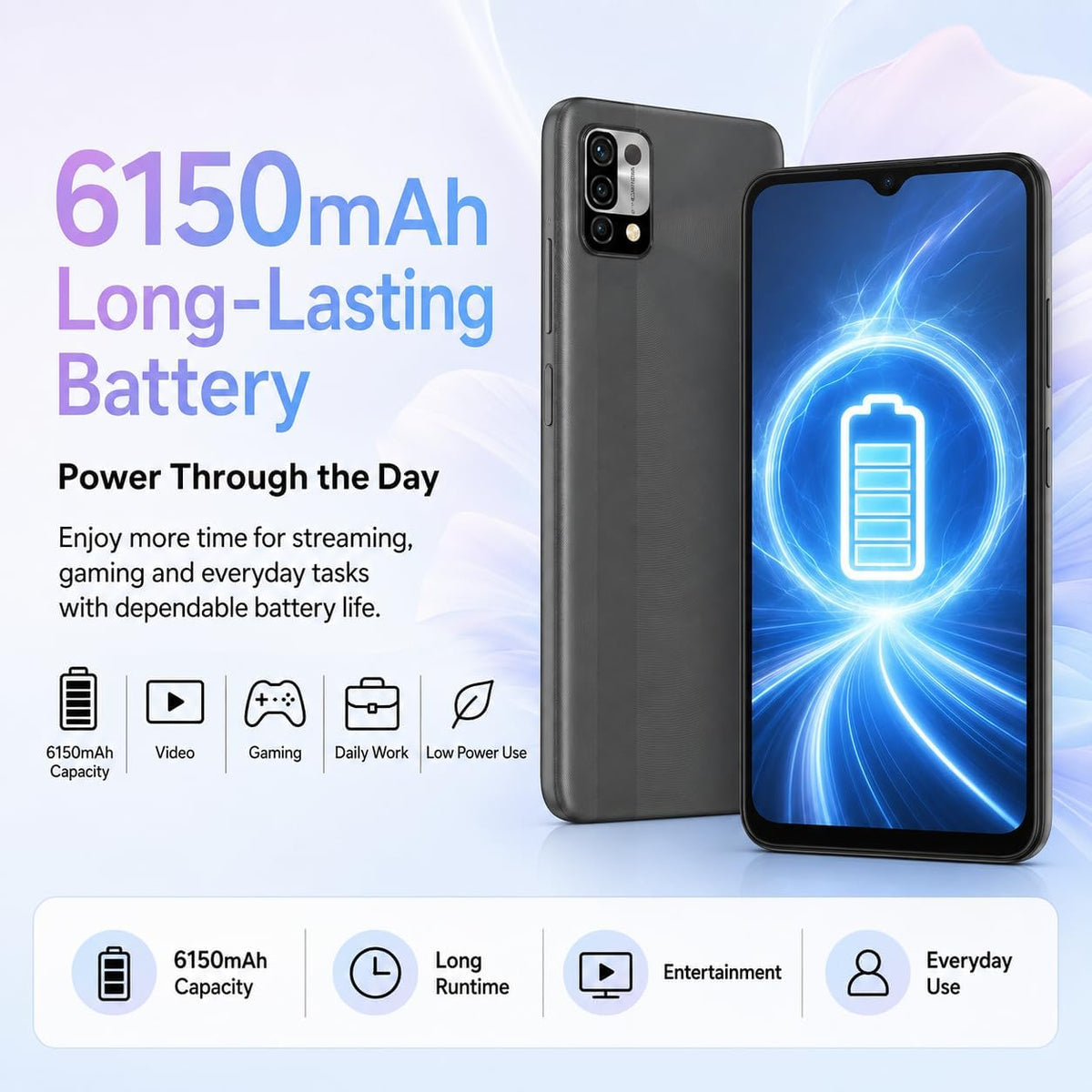 UMIDIGI Unlocked Cell Phone, Power 5 Smartphone 4+128GB, Helio G25 Octa-Core 6150mAh, 6.53 HD Display Phones with 16MP+8MP Camera, 4G Dual SIM, Infrared Thermometer and Fingerprint&AI Face Unlock