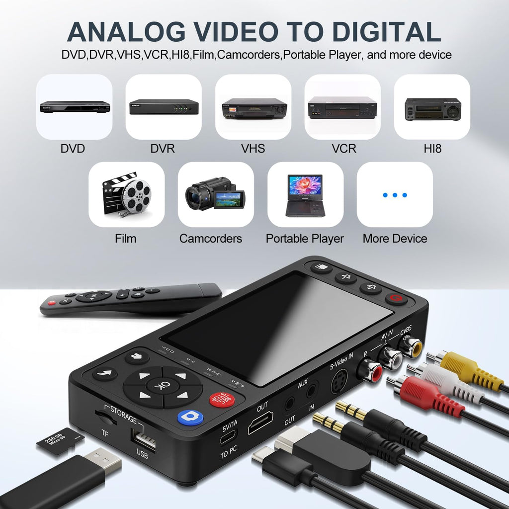 VHS to Digital Converter with 4" HD Screen, Video Capture Recorder Convert to MP4 Compatible with VHS, VCR, DVR, DVD, Hi8, Mini DV, Camcorders, Retro Consoles(Tapes/DVD Player Not Included)