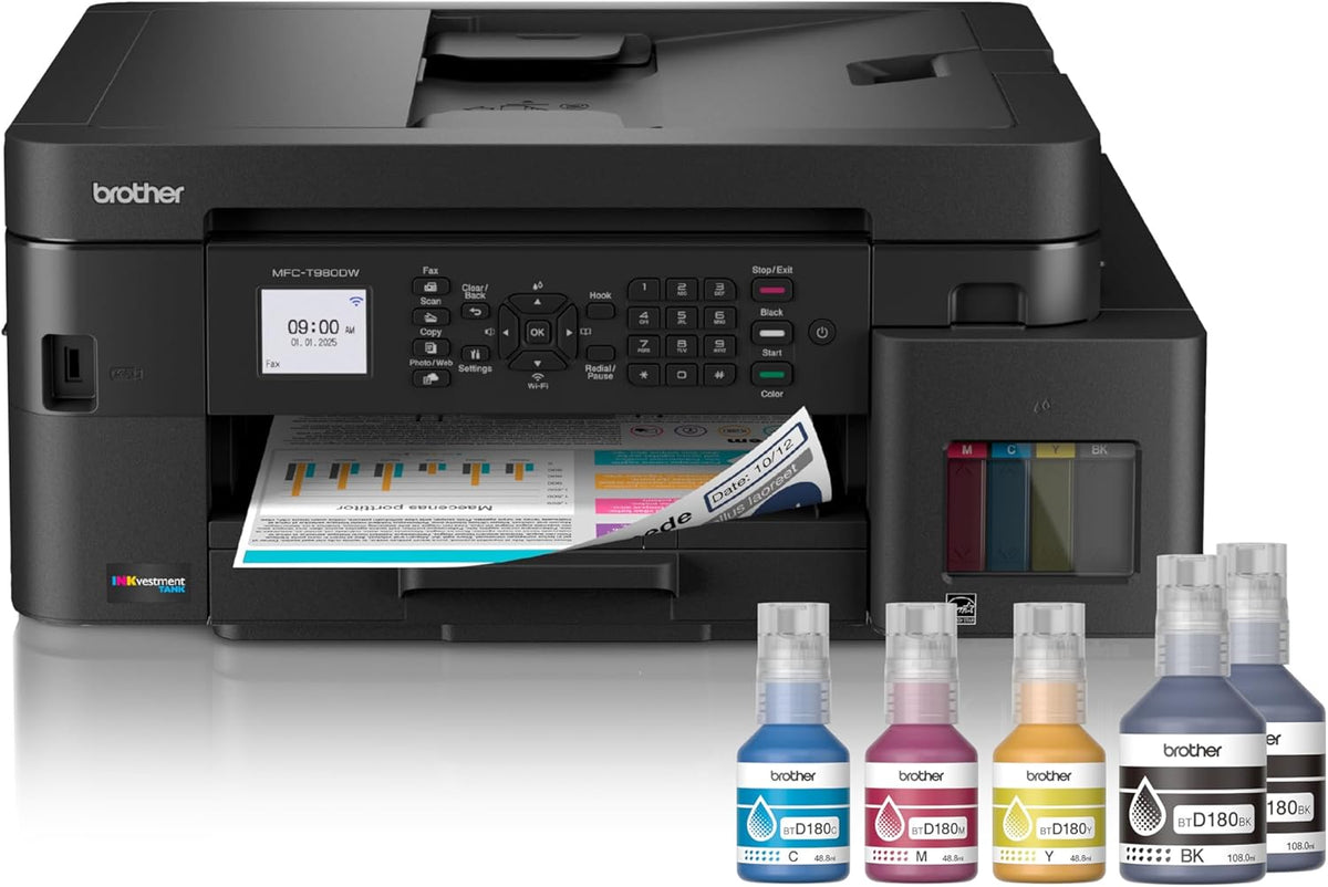 Brother INKvestment Tank 980 Wireless and Ethernet Color Inkjet All-in-One Printer with Multipurpose Tray | Includes up to 3 Years of Ink in-Box(1) and Limited Warranty(2) (MFC-T980DW)