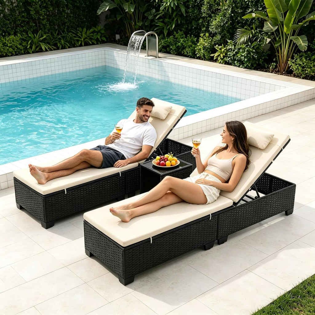 3-Piece Outdoor Lounge Chairs Set, Chaise Lounge Patio Chairs with Coffee Table, Adjustable Wicker Chairs, Water-Resistant Cushions, PE Rattan Poolside & Backyard Furniture (Beige)