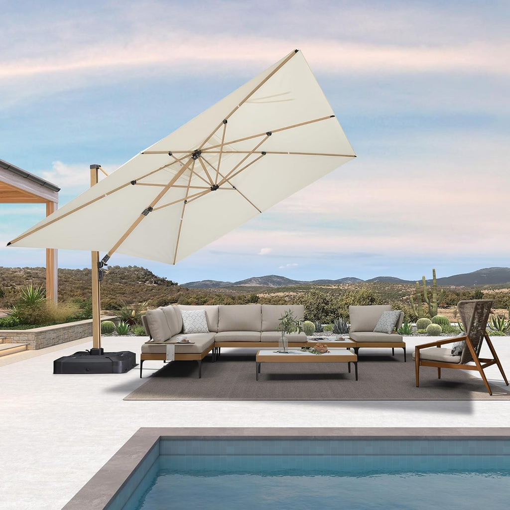 PURPLE LEAF 12FT Patio Umbrella Square Cantilever Umbrella Teak Finished Aluminum Frame Large Windproof Offset Outdoor Sun Umbrellas for Beach Pool Deck, Cream