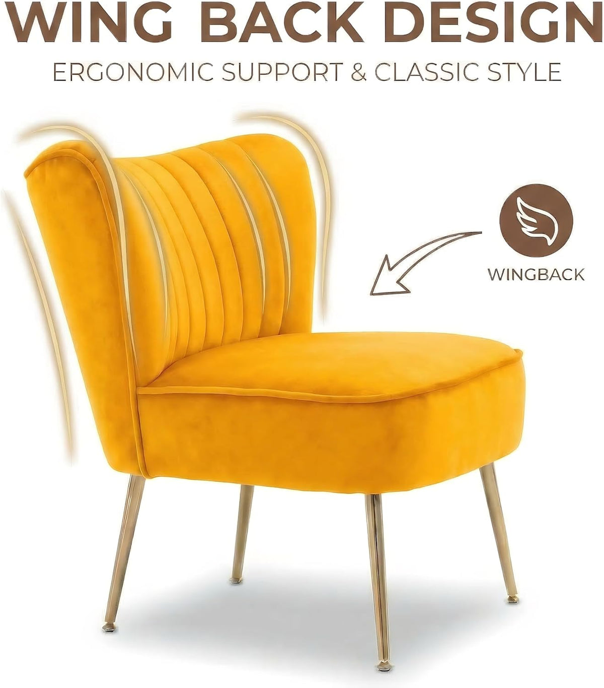 DUOMAY Modern Accent Chair Set of 2 Velvet Slipper Chair with Gold Legs Wingback Side Chair for Living Room Bedroom Entryway Small Corner Chair for Space Saving, Yellow