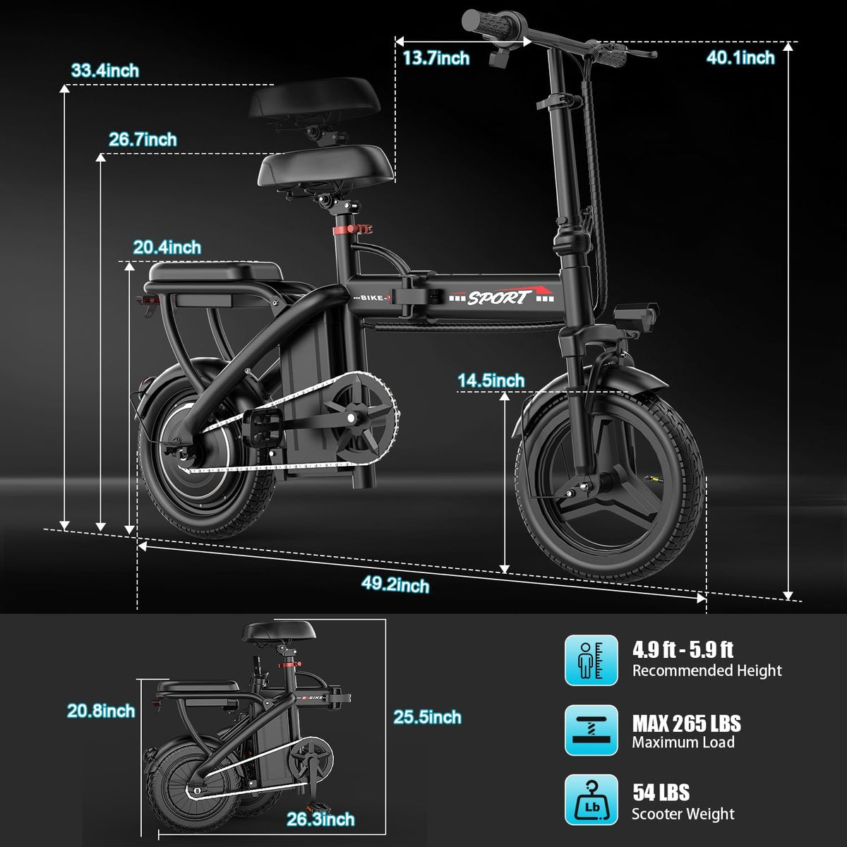 Electric Bike for Adults Teens, 800/1200W Peak Folding Ebike, 22/25MPH & 30/45 Miles Range, 14" Commuting Ebike with Dual Suspension & Dual Brake, 3-Speed Modes, Portable Electric Mini Bike