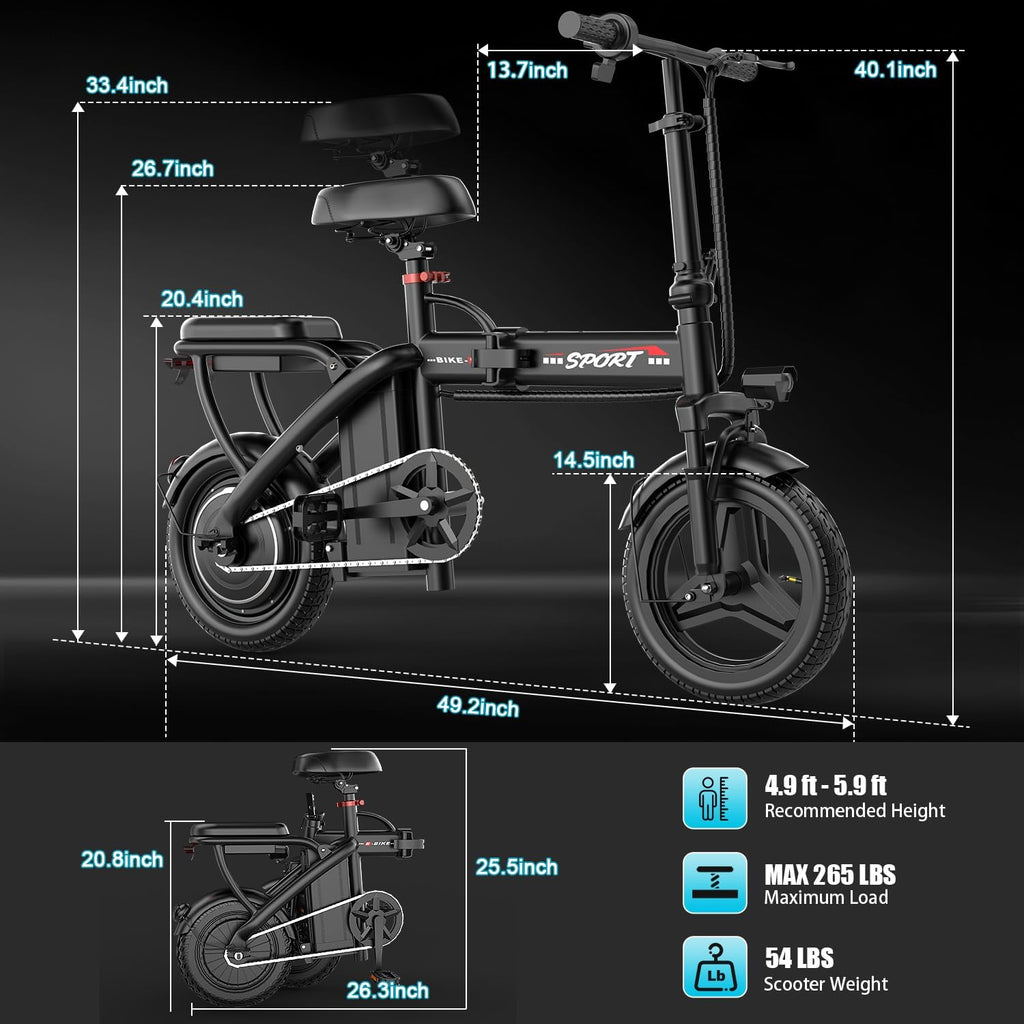 Electric Bike for Adults Teens, 800/1200W Peak Folding Ebike, 22/25MPH & 30/45 Miles Range, 14" Commuting Ebike with Dual Suspension & Dual Brake, 3-Speed Modes, Portable Electric Mini Bike