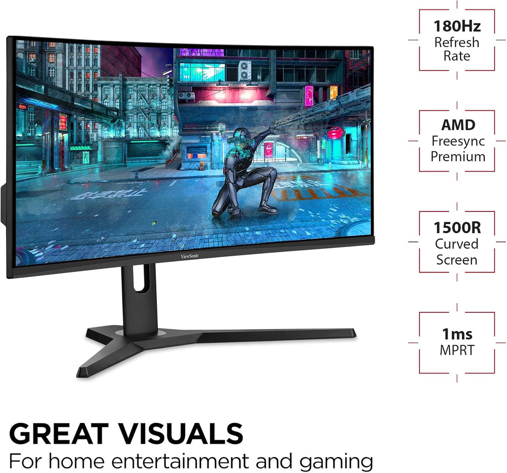 ViewSonic VX3418-2KPC 34 Inch 21:9 Curved 1440p 1ms 180Hz Gaming Monitor with FreeSync Premium, Eye Care, HDMI and Display Port