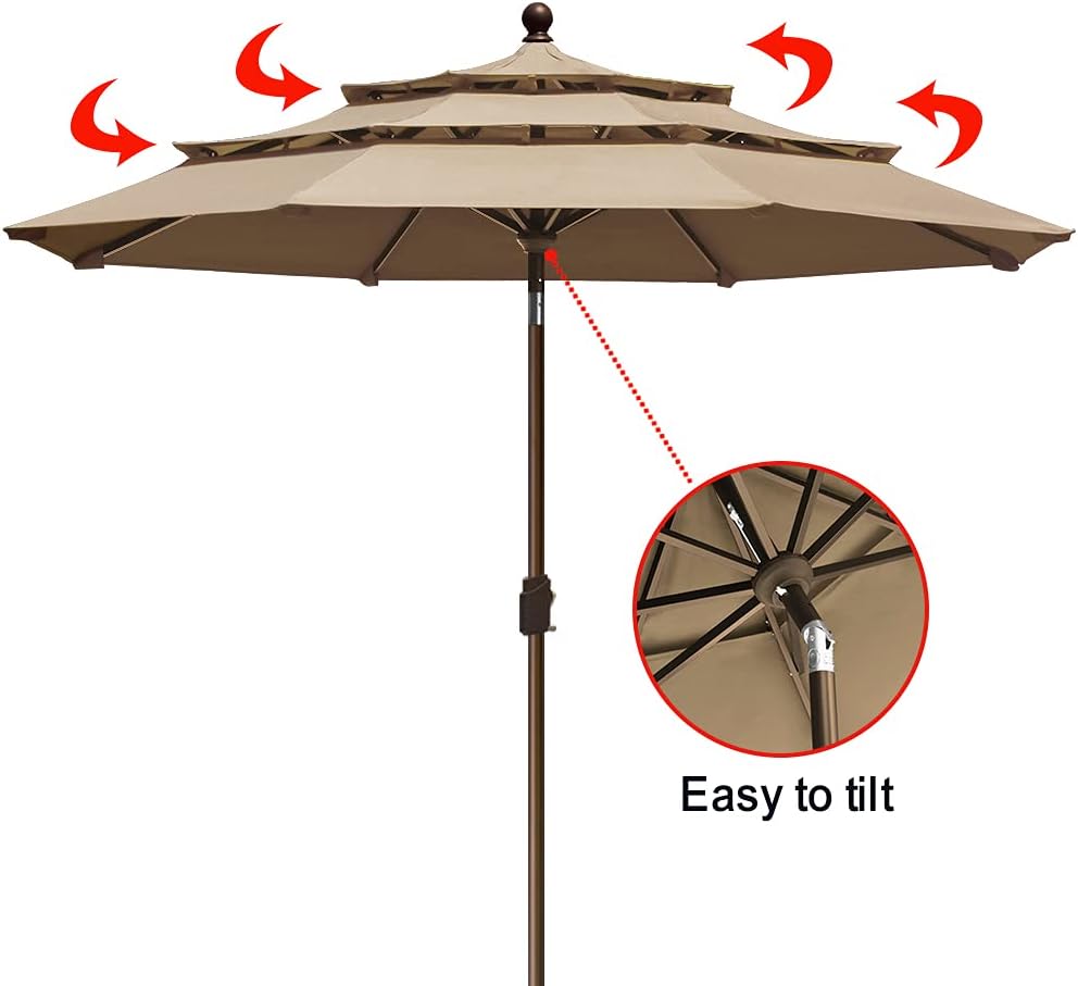 EliteShade USA 10-Year-Non-Fading 9ft 3-Tier Market Patio Umbrella, Commercial Grade Outdoor Table Umbrella with Crank Open, Windproof & UPF 50+ UV Protection, Heavy Duty Ventilation for Garden, Deck, Pool, Backyard, Beach & Bistro, Heather Beige