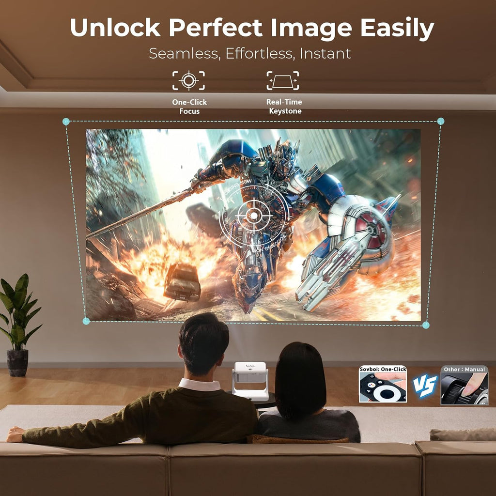 Outdoor-Projector-4K Built-in Google TV/180°Rotatable Stand/Voice Control/E-Focus,Sovboi Smart-Movie-Projector with WiFi6 and Bluetooth, 2500 Brightness Portable-Proyector for 10,000+ Streaming Apps