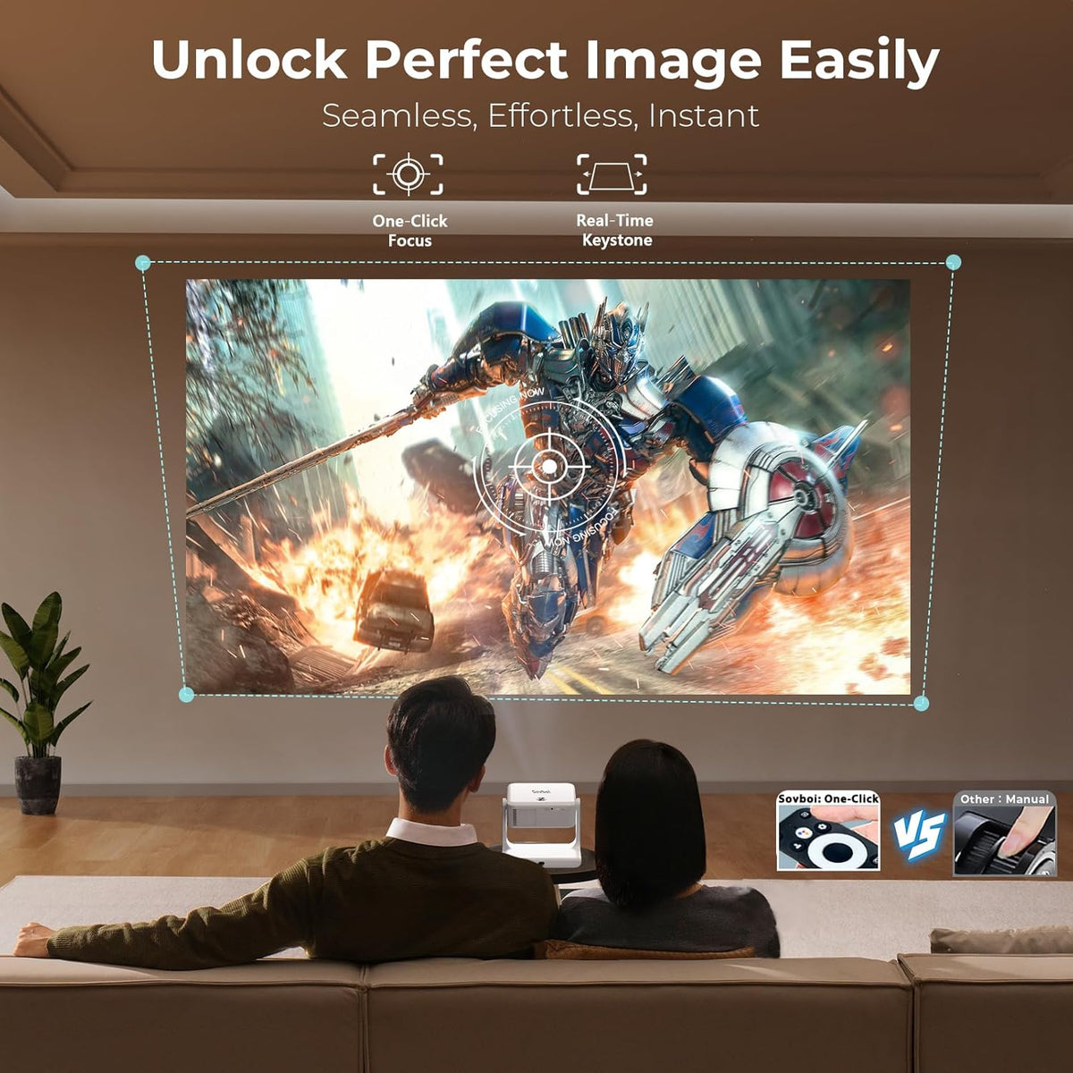 Outdoor-Projector-4K Built-in Google TV/180°Rotatable Stand/Voice Control/E-Focus,Sovboi Smart-Movie-Projector with WiFi6 and Bluetooth, 2500 Brightness Portable-Proyector for 10,000+ Streaming Apps