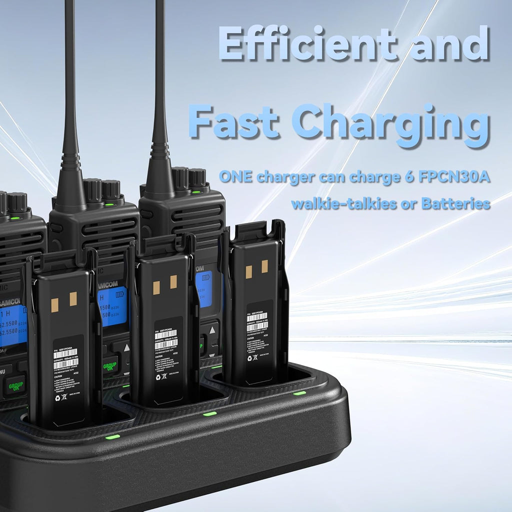 SAMCOM FPCN30A Radios Walkie Talkies Long Range Business Commercial Professional UHF 2 Way Radios Two-Way Radio(6 Pack) with 6 Way Multi Gang Charger & Earpieces