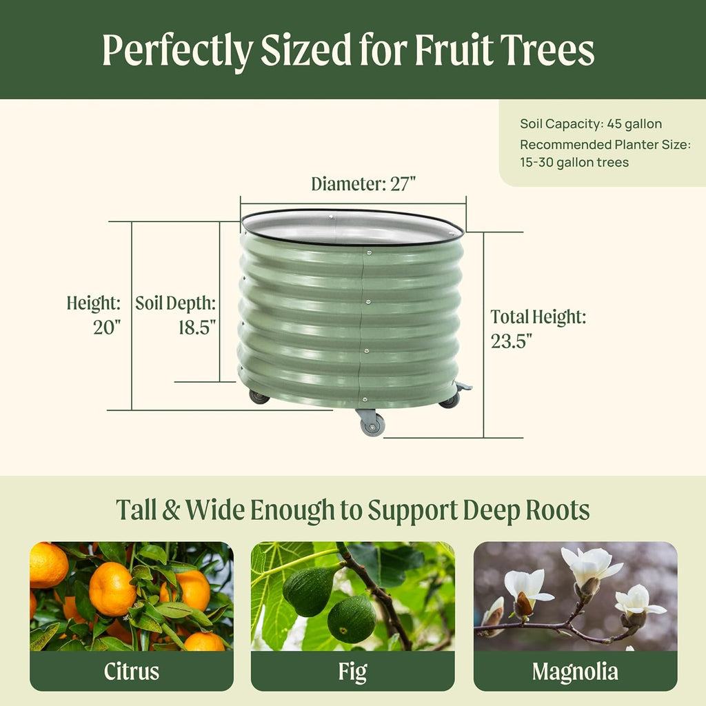 Rolling Metal Citrus Tree Planter Pot, 27″ Round Planter Box for Porch Patio & Backyard, 45 Gallon Large Planter Pot with Wheels for Growing Olive Trees Tomatoes Vegetables and Flowers, Olive Green