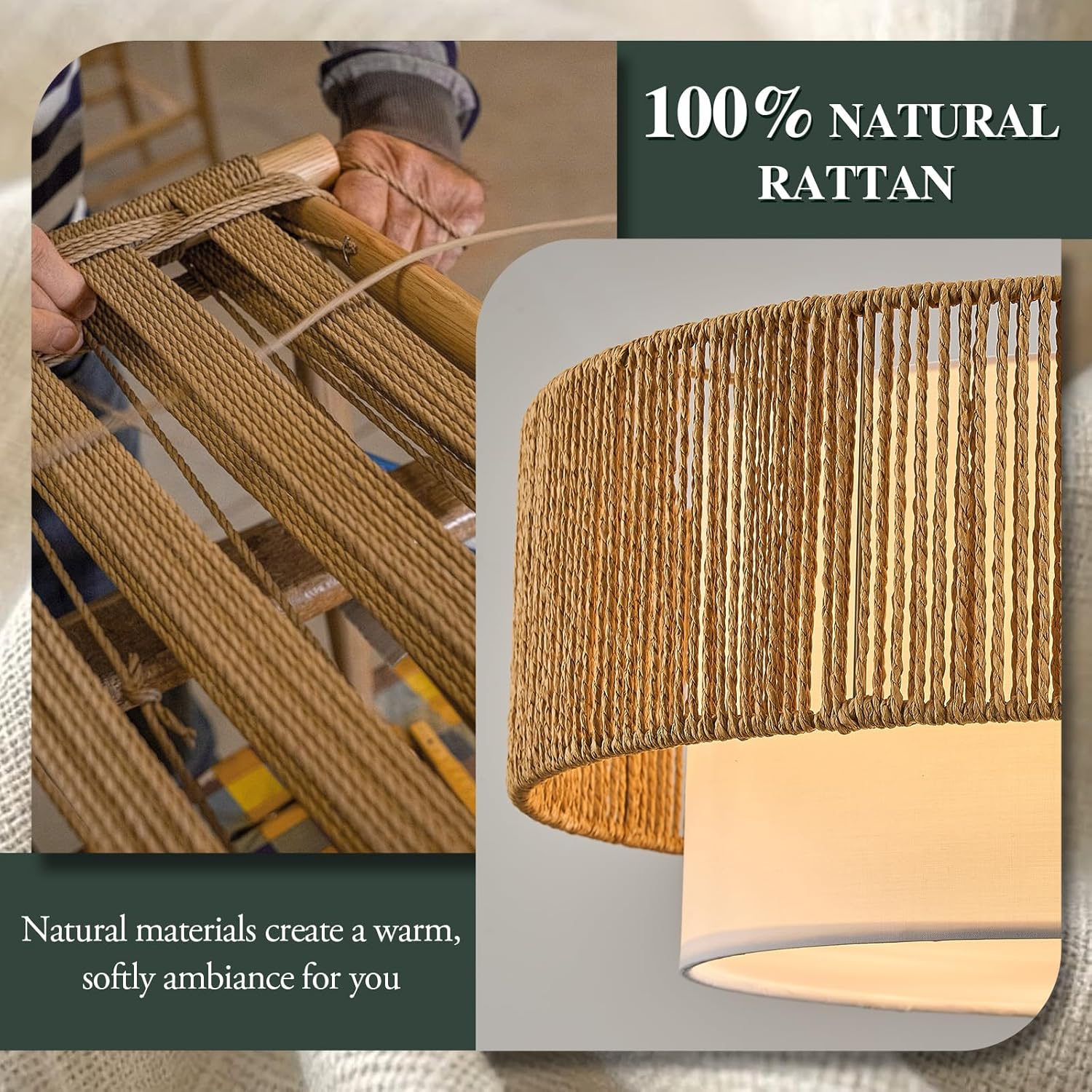 Boho Rattan Chandelier 18'' Gold Hand Woven Chandeliers with Fabric Shade 4-Light Drum Pendant Light Fixture for Dining Room Bedroom Kitchen Hallway Foyer