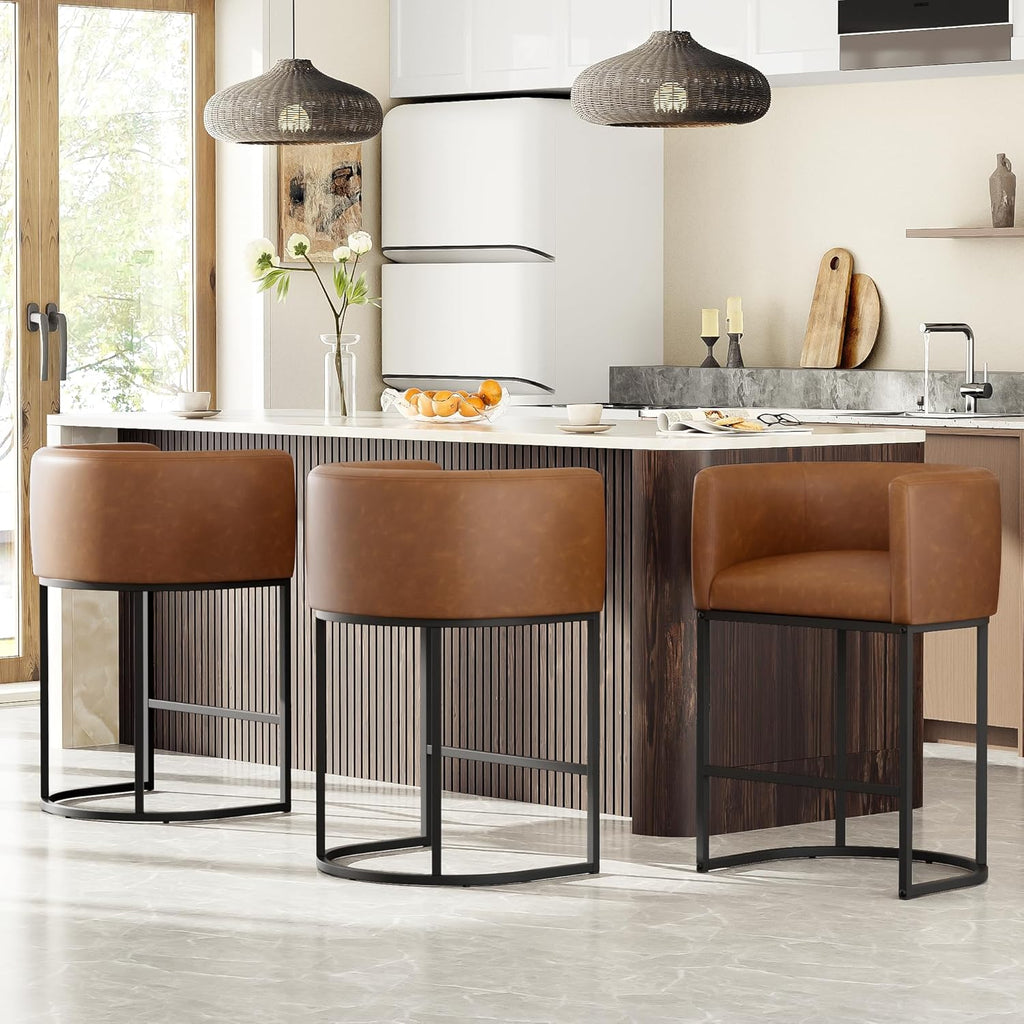 26" H Counter Height Bar Stools Set of 4, Modern Barrel Counter Stools with Backrest and Arms, Faux Leather Upholstered Accent Barstools for Kitchen Island,Support 450 LBS (Walnut Brown