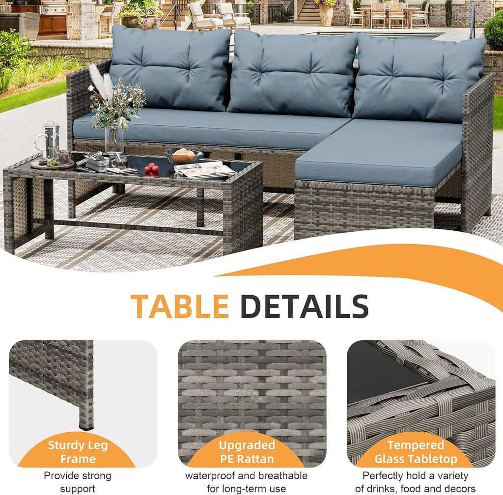 Shintenchi 3 Pieces Outdoor Patio Furniture Sets, Wicker Patio Conversation Sets, All Weather Wicker Rattan Patio Seating Sofas with Glass Coffee Table and Cushion, Blue-Gray