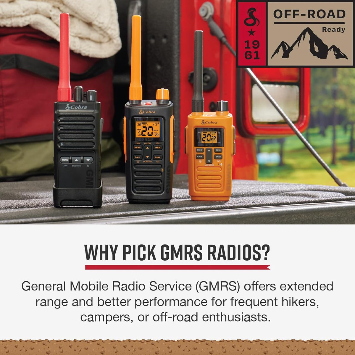 Cobra TrailBlazer 500 GMRS Radio (2-Pack) – IP54 Rugged No-Display Design, 2.5W Long Range Walkie Talkies, 16hr Battery, Swivel Holster, Programmable Software, Removable Antenna, Repeater Compatible