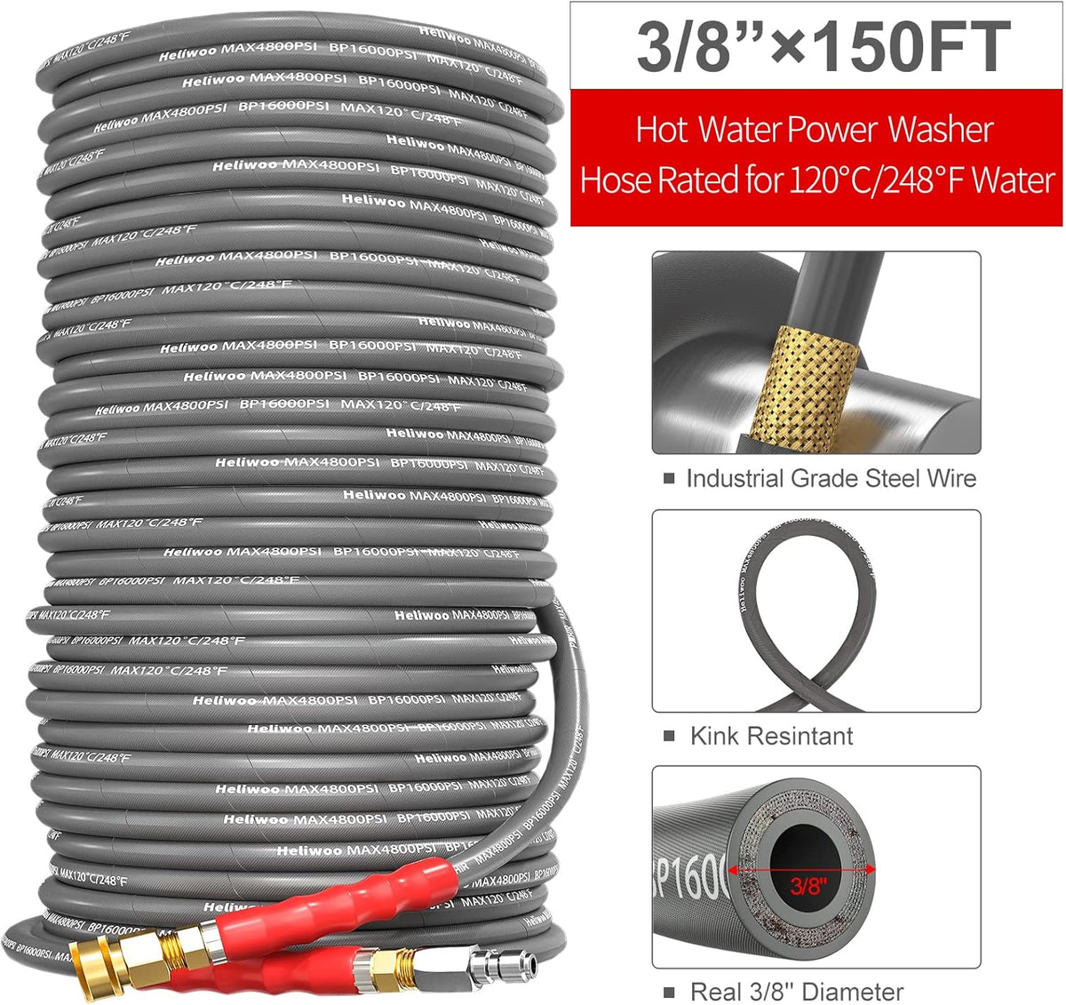 3/8'' Pressure Washer Hose 150 FT, Hot and Cold Water Power Washer Hose Max 248°F, 3/8 Quick Connect Commercial Industrial Grade Steel Wire Braided Kink Proof Extension Hose -4800 PSI