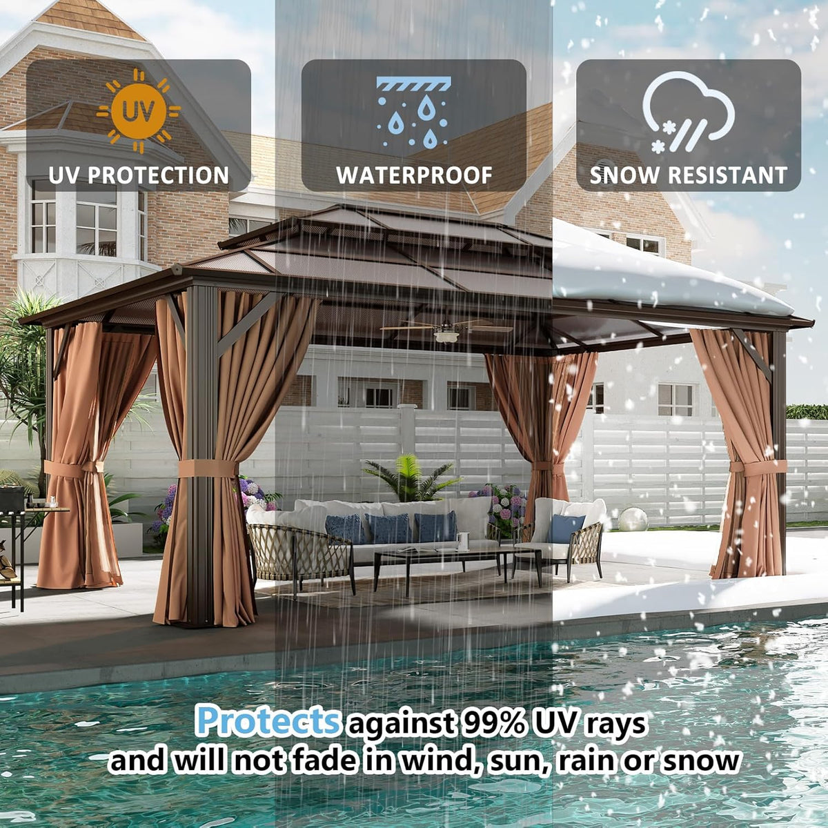 Aoxun 12'x16' Hardtop Gazebo, Aluminum Frame Permanent Pavilion with Curtains and Netting, Outdoor Polycarbonate Double Roof Canopy, Designed for Garden, Lawns, Patio