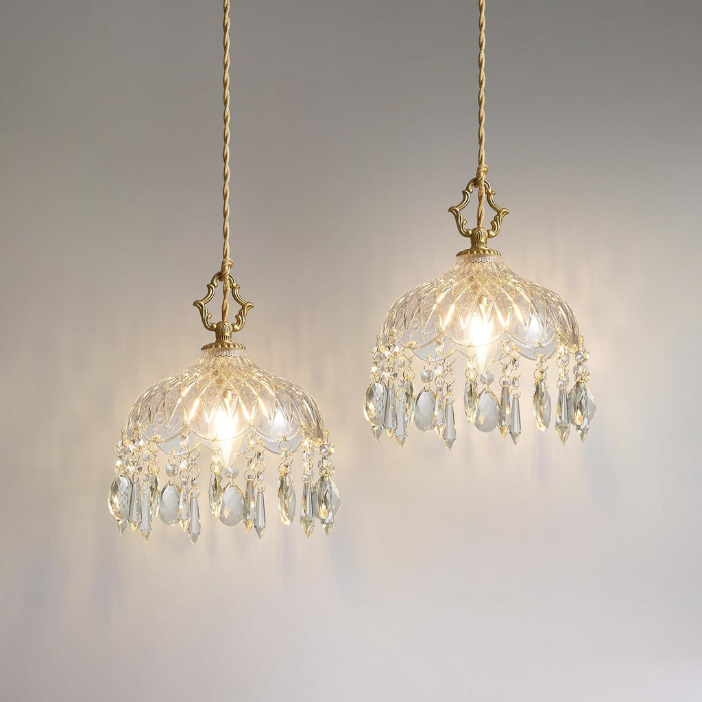 Vintage Small Crystal Pendant Lights - Brass Gold Clear Glass Mini Adjustable Hanging Kitchen Island Chandelier set of 2,Unique Flower Art Deco for Bathroom Bar Bedroom Dining Room Hallway Closet Sink