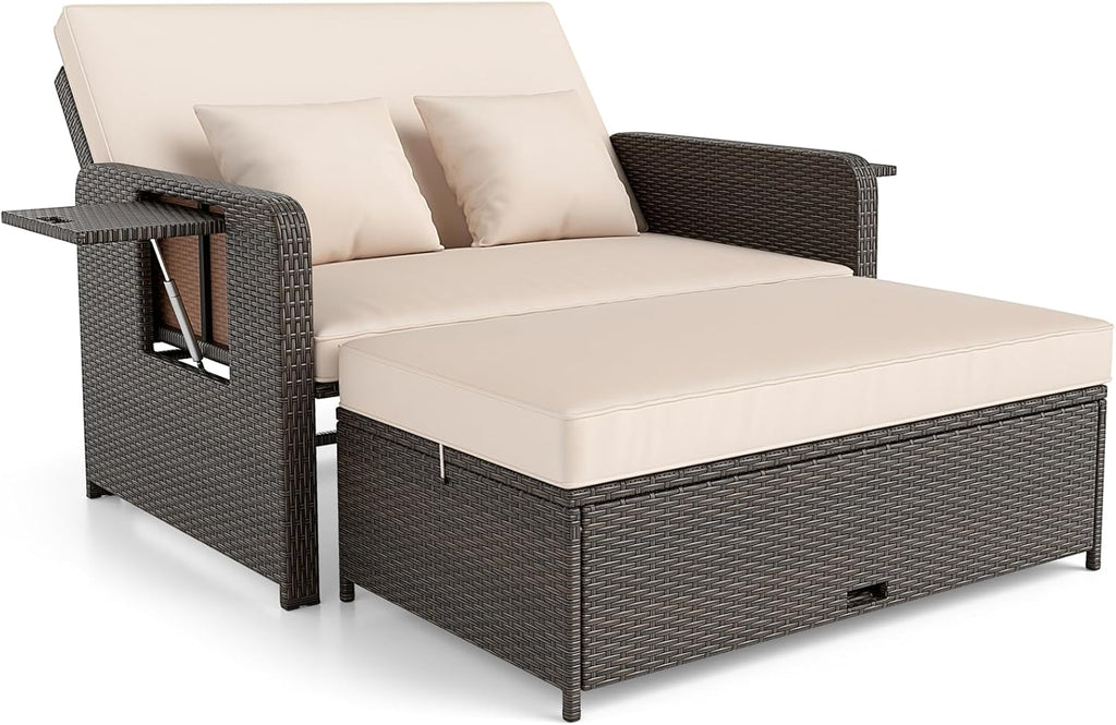 S AFSTAR Outdoor Daybed with Storage Ottoman, Wicker Chaise Lounge Chair with Cushions, Adjustable Backrest & 2 Retractable Trays, Patio Rattan Daybed Loveseat Sofa for Poolside Backyard