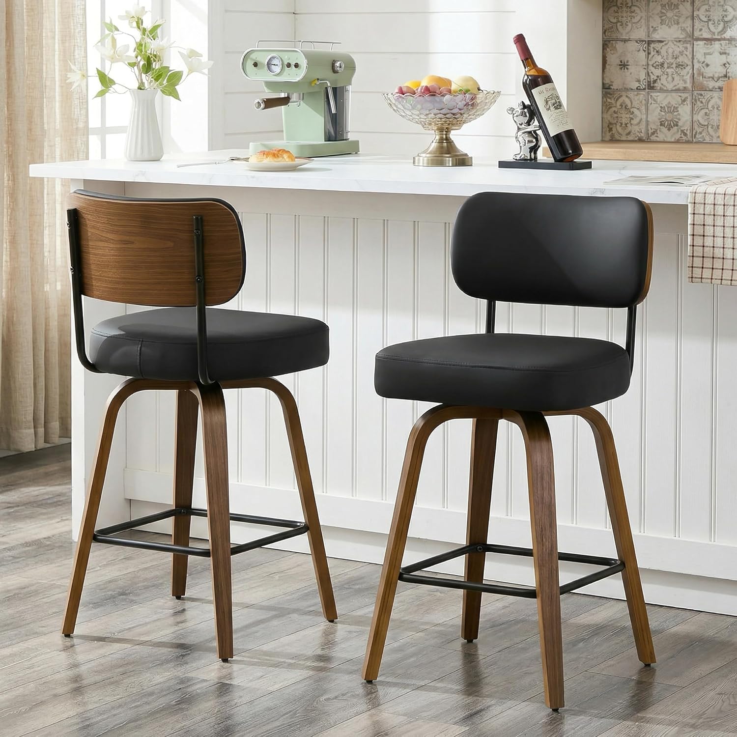 Swivel Bar Stools Set of 3, 26" Upholstered Counter Height Bar Stools with Back and Walnut Wood Legs, Faux Leather Barstools for Kitchen Counter, Black