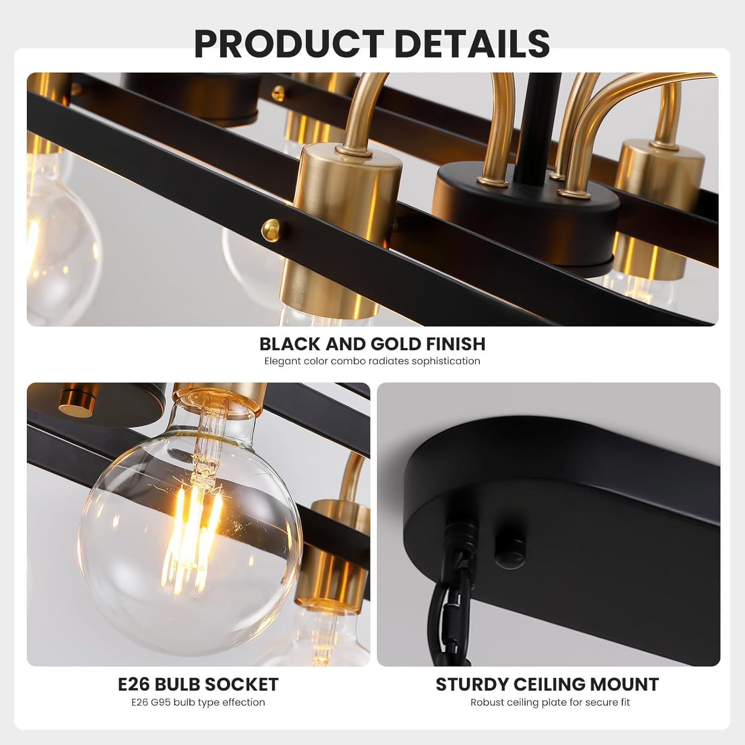 6 Lights Rectangular Chandelier, Black and Gold Linear Chandelier Rectangle Pendant Light Fixture, Modern Chandeliers for Kitchen Island Dining Room Over Table L-30''