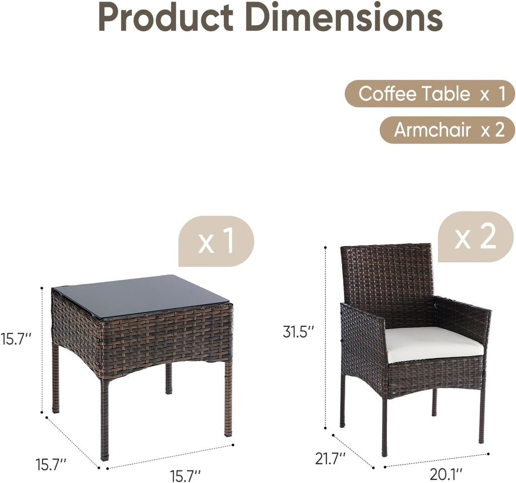 DUMOS 3 Piece Patio Furniture Set, All-Weather Outdoor Wicker Chairs with Removable Cushions & Tempered Glass Table, Small Bistro Set for Porch, Balcony, Lawn, Backyard, Brown