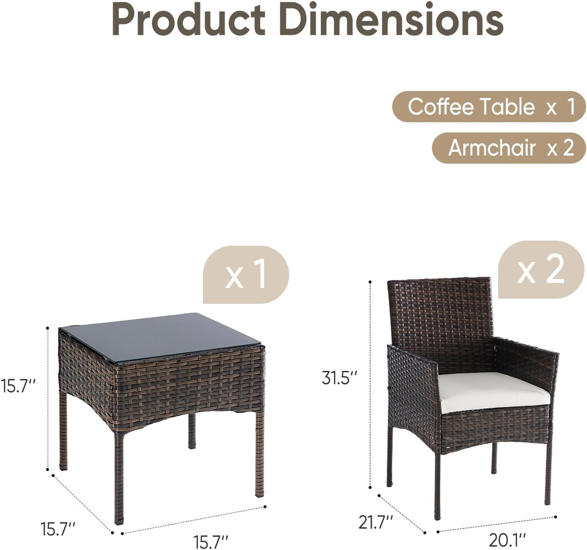 DUMOS 3 Piece Patio Furniture Set, All-Weather Outdoor Wicker Chairs with Removable Cushions & Tempered Glass Table, Small Bistro Set for Porch, Balcony, Lawn, Backyard, Brown