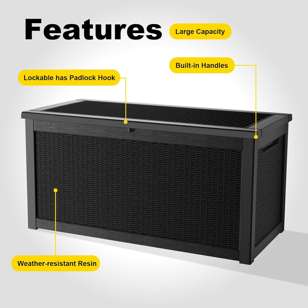 320 Gallon Outdoor Storage Box,Large Waterproof UV Resistant Deck Box,Lockable Storage Container for Patio Furniture Cushions Garden Tools and Pool Accessories(Black)