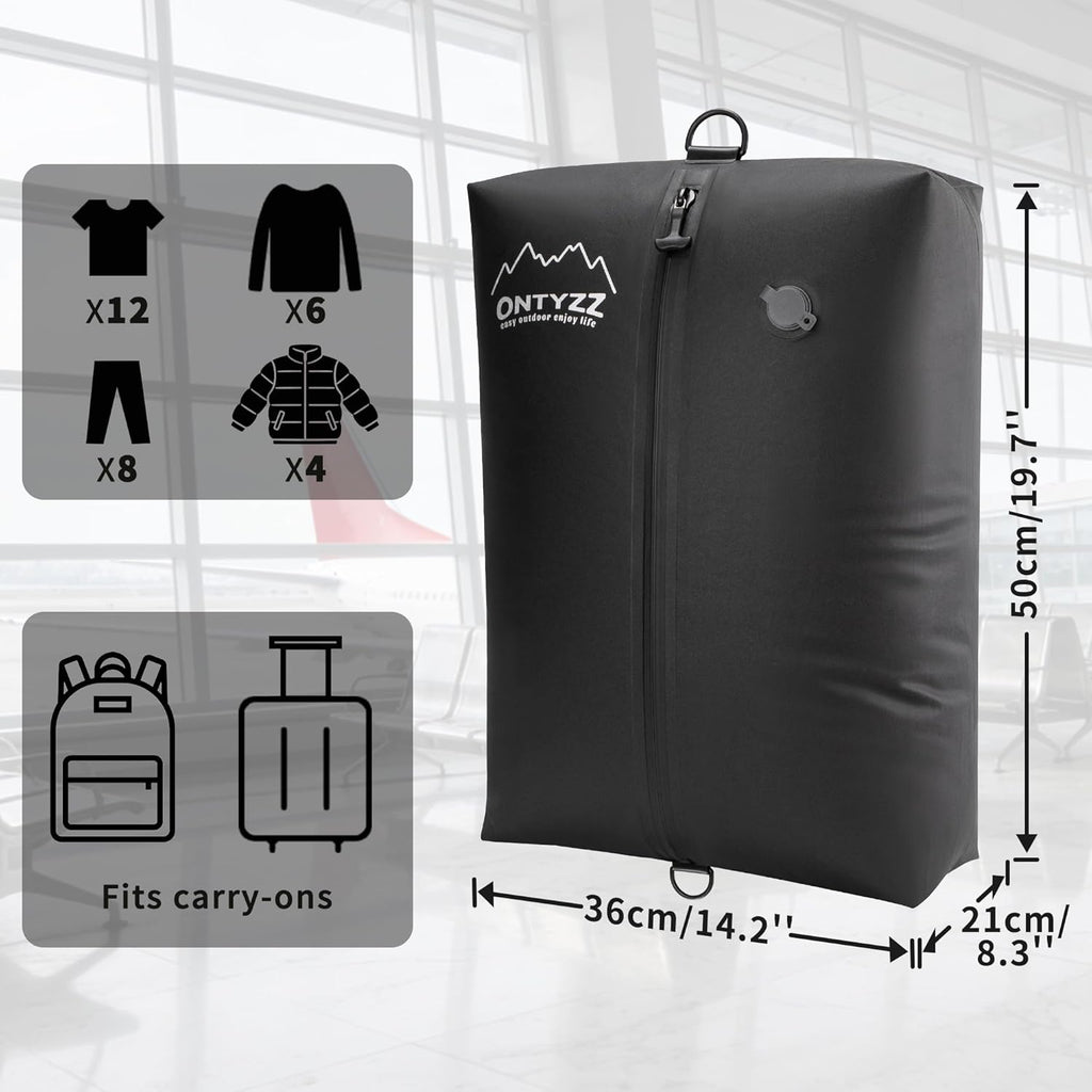 ONTYZZ Vacuum Bags for Travel, IPX8 Waterproof Space Saver Vacpack, GRS Certified Recycled Compression Bag with Pump (2PC Dark Black)
