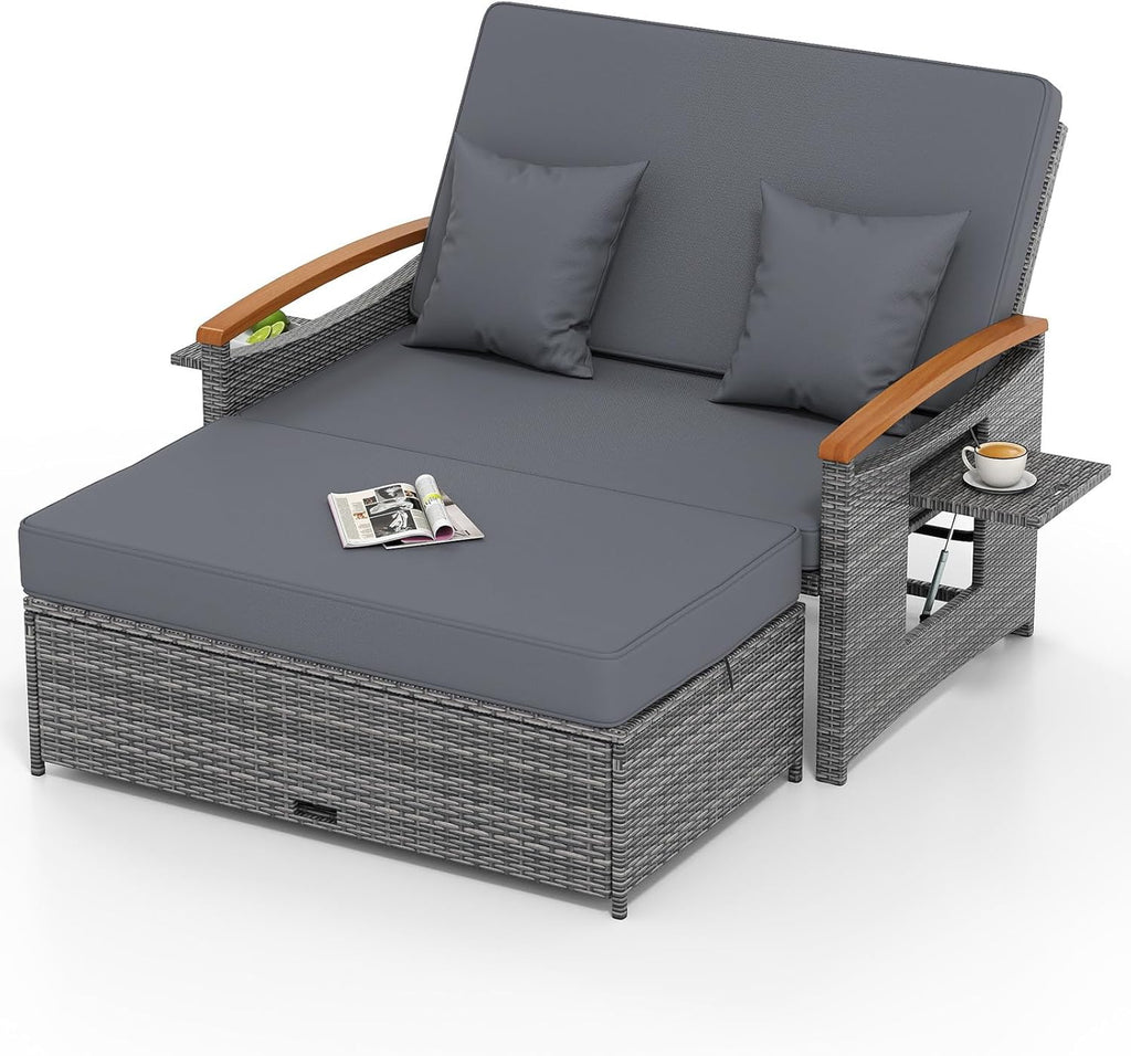 COSTWAY Patio Rattan Daybed, Outdoor Loveseat Sofa with Storage Ottoman, 4-Level Adjustable Backrest & Acacia Wood Armrest, Outdoor Wicker Daybed with Side Panels for Yard, Deck, Poolside (Mix-Grey)