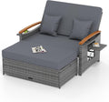 COSTWAY Patio Rattan Daybed, Outdoor Loveseat Sofa with Storage Ottoman, 4-Level Adjustable Backrest & Acacia Wood Armrest, Outdoor Wicker Daybed with Side Panels for Yard, Deck, Poolside (Mix-Grey)