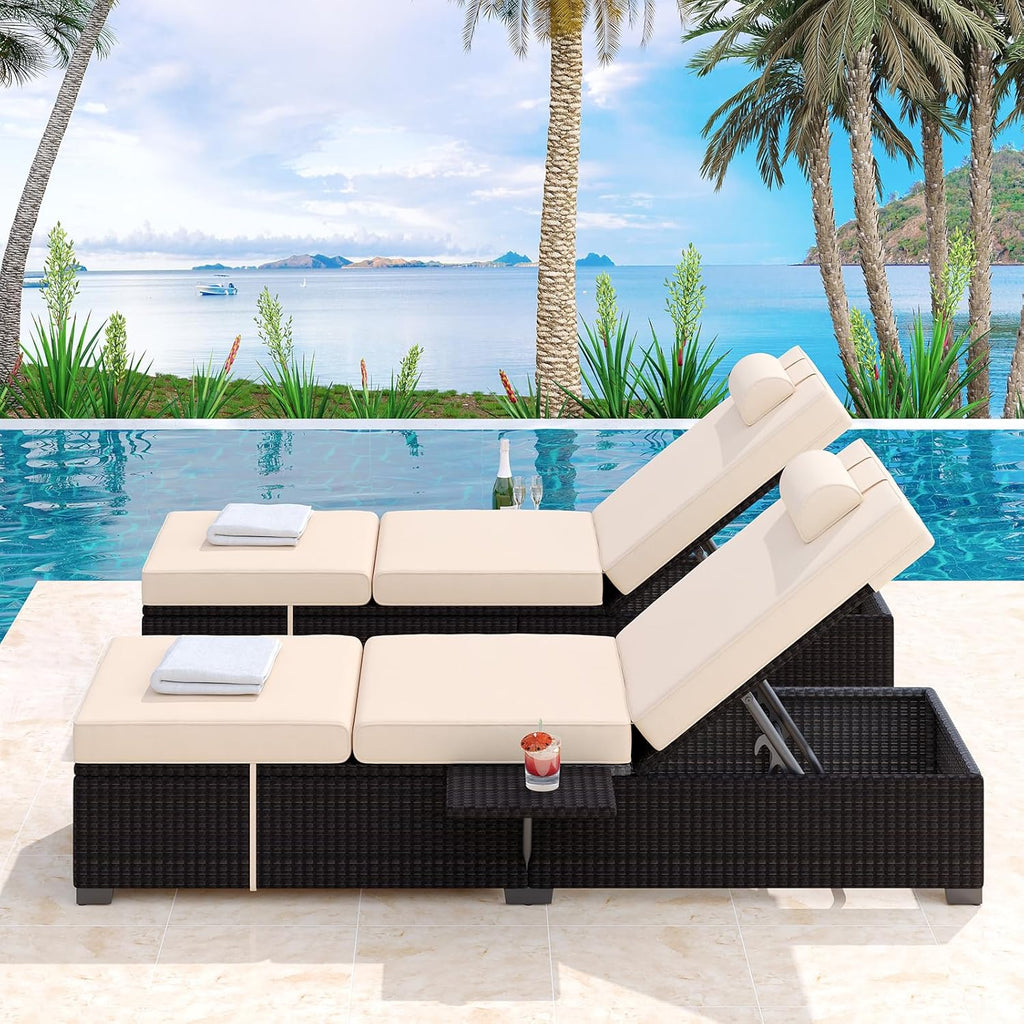 PeakPursuit Patio Lounge Chairs,Outdoor PE Wicker Chaise Lounge Set of 2,Chaise Lounge Chair Outdoor .Pool Furniture,Brown Rattan Recliners with Adjustable Backrest,Storage Table,Beige