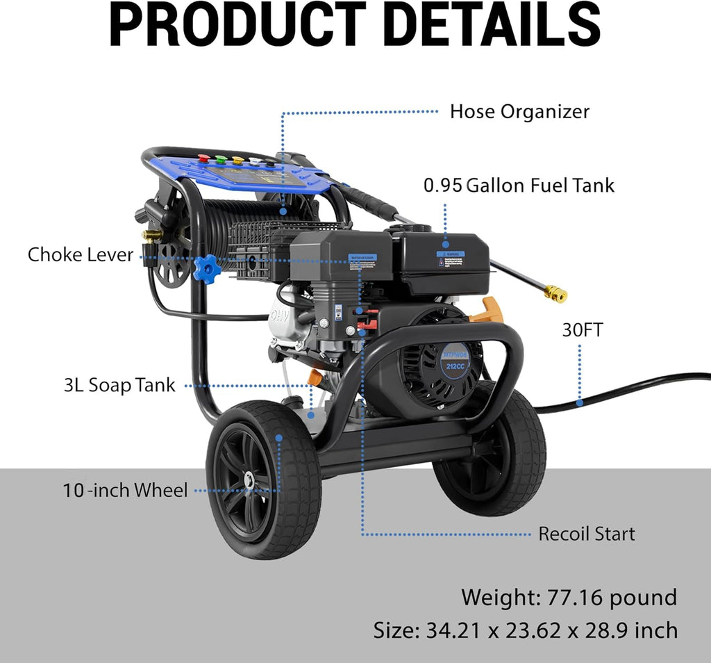 Gas Pressure Washer, 3600 PSI 2.3GPM Gas Powered Pressure Washer 212CC 4-Stroke OHV Engine, 30ft Hose&Reel 5 Nozzles Commercial High Pressure Washer for Cars Fences Driveways Patios Furniture