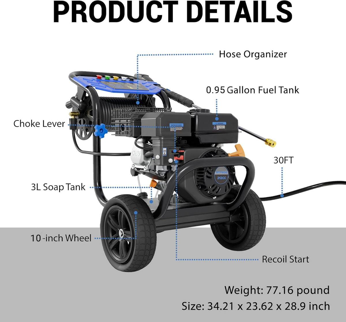 Gas Pressure Washer, 3600 PSI 2.3GPM Gas Powered Pressure Washer 212CC 4-Stroke OHV Engine, 30ft Hose&Reel 5 Nozzles Commercial High Pressure Washer for Cars Fences Driveways Patios Furniture