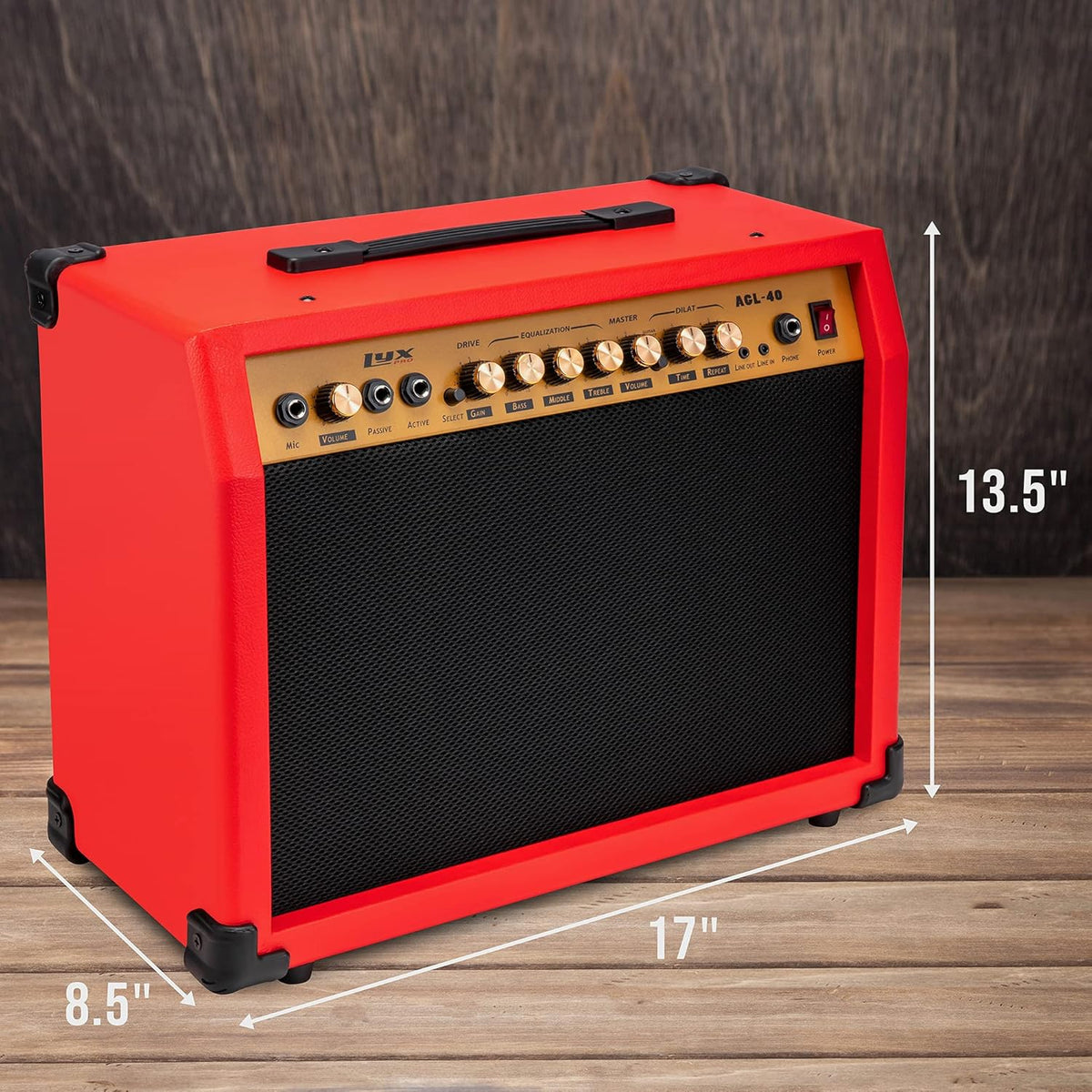 LyxPro 40 Watt Electric Guitar Amplifier | Combo Solid State Studio Amp with 8” 4-Ohm Speaker, Custom EQ Controls, Drive, Delay, ¼” Passive/Active/Microphone Inputs, Aux In & Headphone Jack - Red