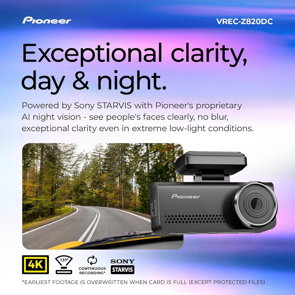 Pioneer VREC-Z820DC Dual Dash Cam Front and Rear Car Camera - Premium 4K Camera, AI-ISP Starvis Night Vision, 139 Degree Wide Lens, ADAS Safety Alerts, Built in GPS, Impact Detection, 24/7 Coverage