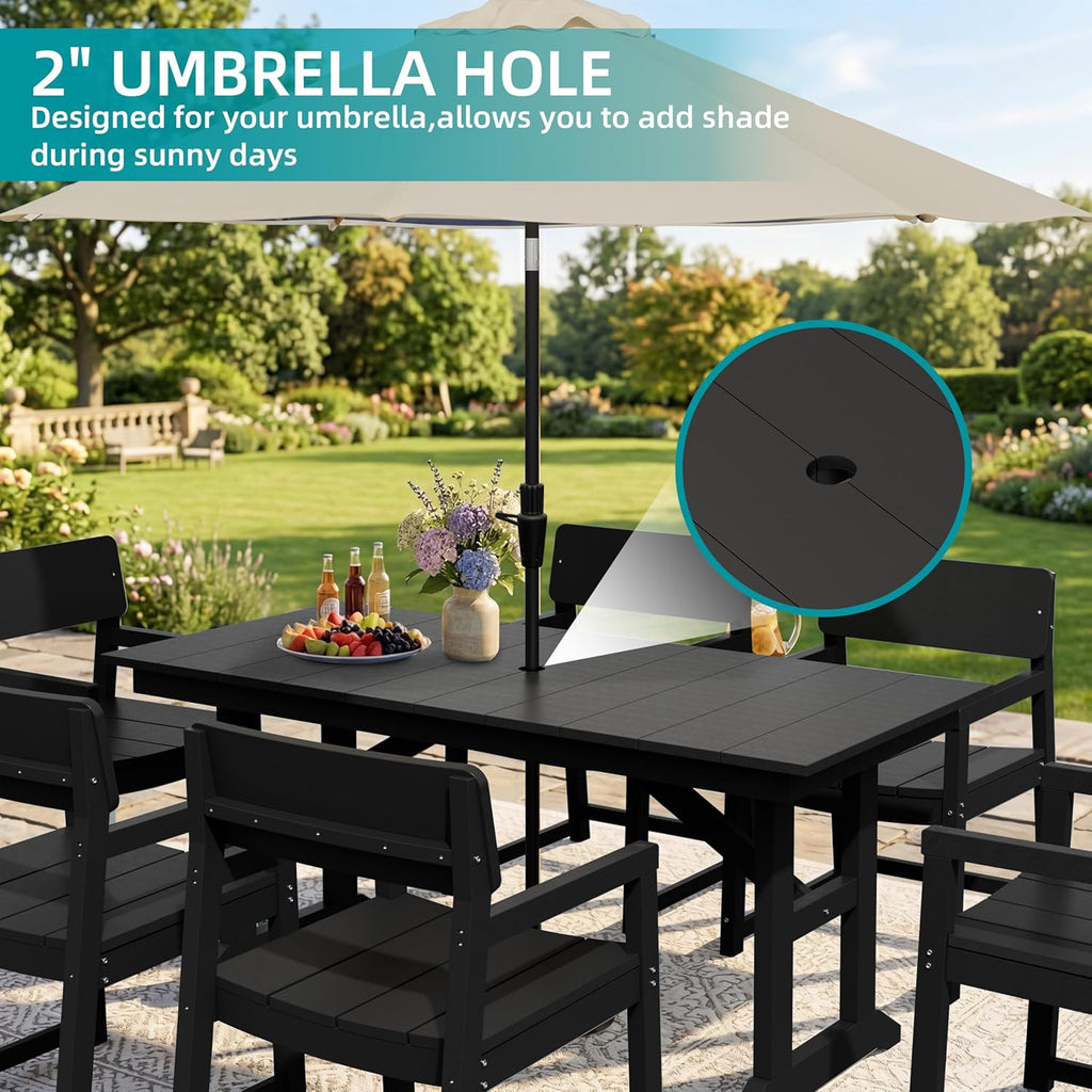 JAMFLY 7 Piece Outdoor Dining Set, All Weather Patio Table and Chairs for Backyard Garden Deck Lawn Pool, Sturdy All Weather Outdoor Furniture Set with Umbrella Hole, Black