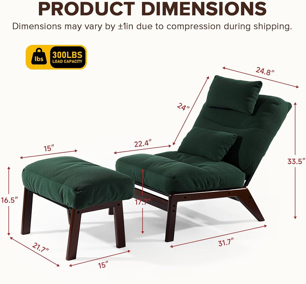 GEMBED Accent Chair with Ottoman Adjustable Backrest, Comfy Lounge Chair Single Sofa with Headrest Lumbar Pillow, Reading Chair with Footrest for Bedroom, Living Room, Garden, Green