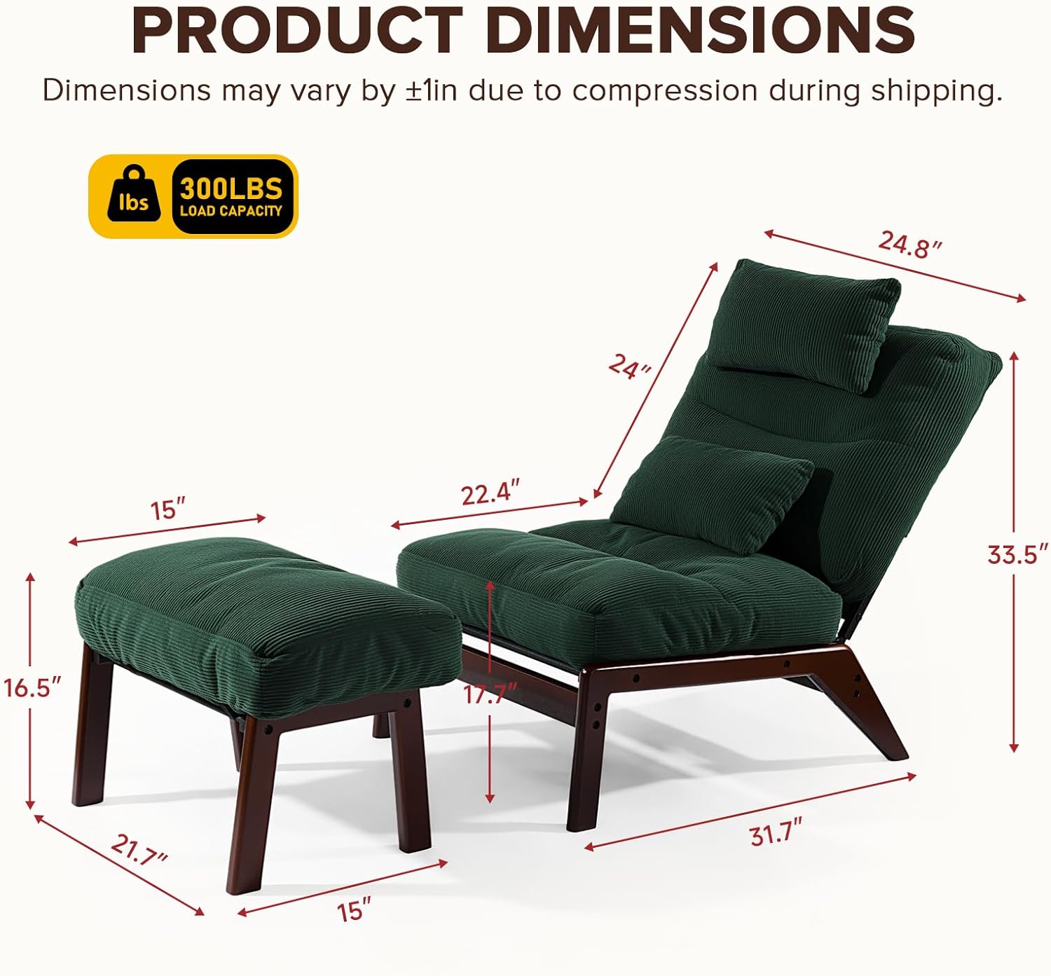 GEMBED Accent Chair with Ottoman Adjustable Backrest, Comfy Lounge Chair Single Sofa with Headrest Lumbar Pillow, Reading Chair with Footrest for Bedroom, Living Room, Garden, Green