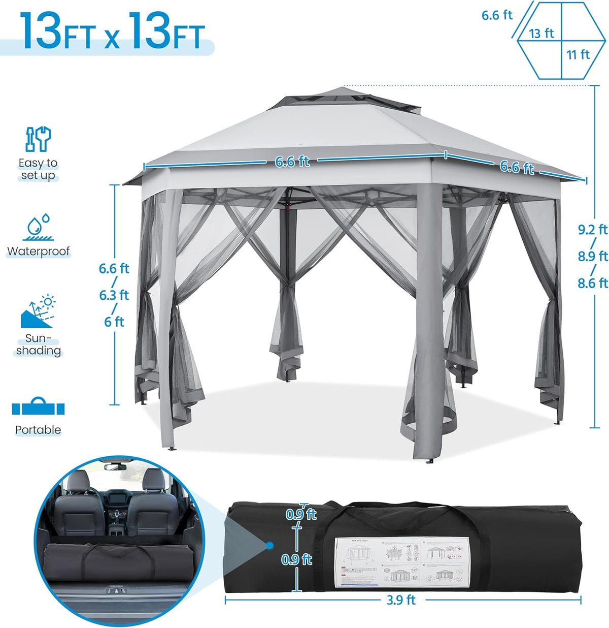 Yaheetech 13x13 Pop up Gazebo, Hexagonal Outdoor Canopy Shelter, Instant Patio Gazebo Sun Shade Canopy Tent with Double Tiers & Mesh Netting for Lawn, Garden, Backyard & Deck, Gray
