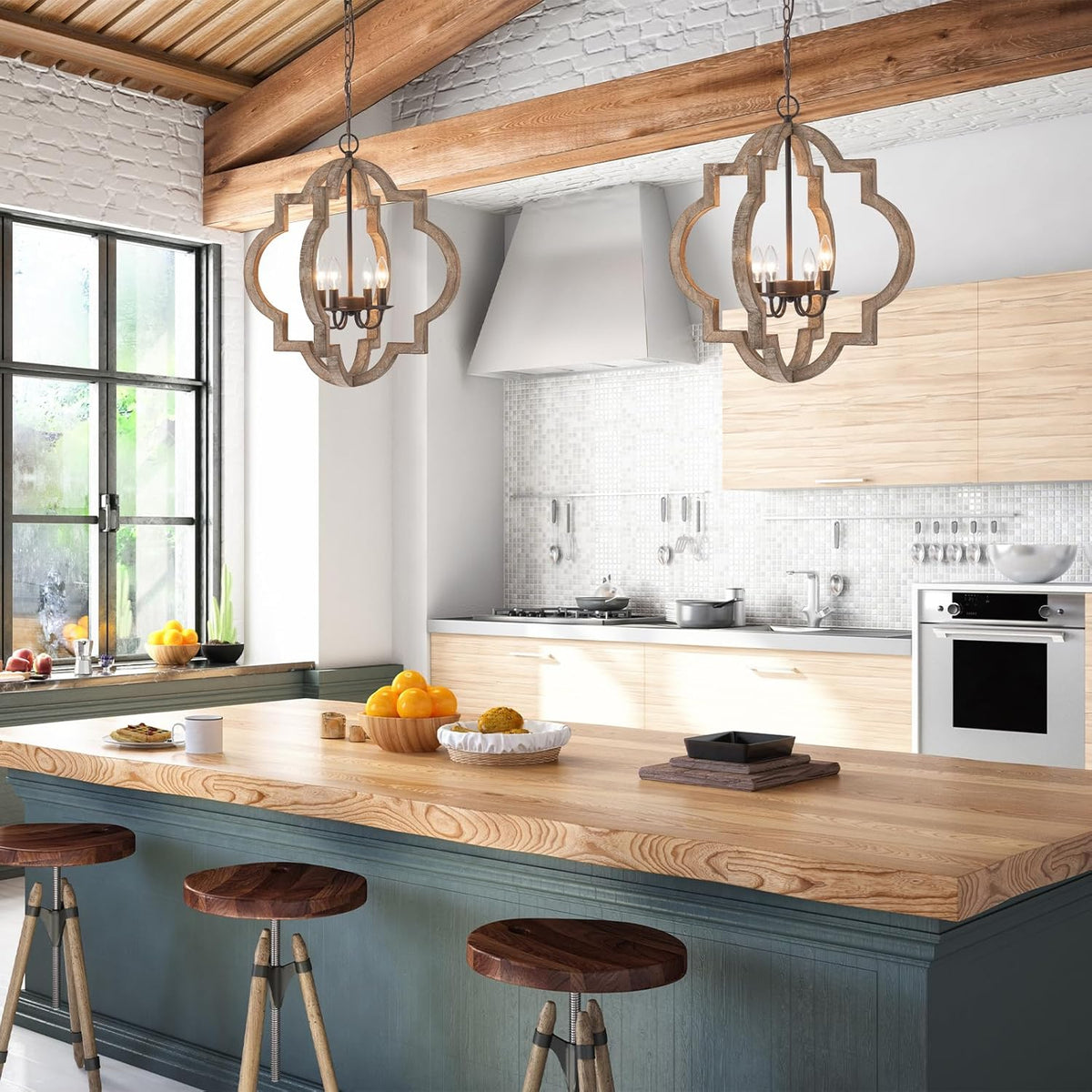 22" Oak Farmhouse Chandeliers Dining Room Light Fixture Over Table Orb Distressed Wood Pendant Light 4-Light Rustic Large Hanging Light for Foyer Entryway Kitchen Island Living Room Bedroom E12